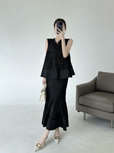 Miyake เสื้ออัดพลีทแฟชั่นระดับไฮเอนด์ของผู้หญิง, เสื้อลำลองทรงสกินนี่สองชิ้นและกระโปรงยาวถึงข้อเท้าสำหรับฤดูร้อน - Product Image 5