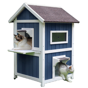 WoodVille 2-verdiepingen buitenkattenverblijf van massief hout, modern dierenhuis met trap, raam, ademend, duurzaam metalen constructie voor kleine katten - Product Image 6