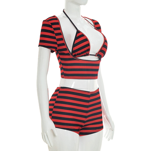 Viviblook J26ST161 <b>Women</b> Summer <b>Shorts</b> <b>Set</b> Sexy New Striped Printed Lace Up Bra <b>Short</b> Sleeve Top <b>Shorts</b> Three Piece <b>Set</b> - Product Image 2
