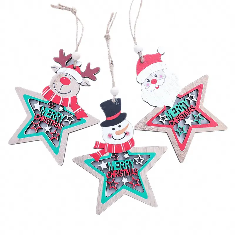 Colgante de madera pintado a láser con estrella de cinco puntas para hombre mayor, bufanda decorativa para árbol de Navidad, accesorios para muñeco de nieve