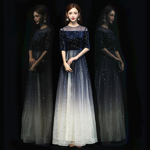 Women's Evening Dress Long Gradient A-Line O-Neck <b>Sequined</b> Formal Party Gown Dark Blue - Product Image 1