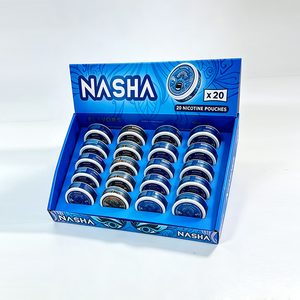 NASHA Nicotine Pouches <b>Display</b> <b>Rack</b> 20-Pack Blue Cardboard 2-Shelf Tiered Shelf Glossy Lamination Modern Style Pre-Assembled - Product Image 1
