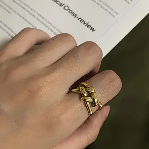 แหวนสวมนิ้วแบบเกลียวทรงเรขาคณิต,แหวนเปิดนิ้วเคลือบทอง18K ปรับแต่งได้แสดงบุคลิกภาพ