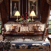 Ensemble de canapés classiques de luxe en bois sculpté de style américain, canapé en cuir marron sculpté, canapé de villa américain antique