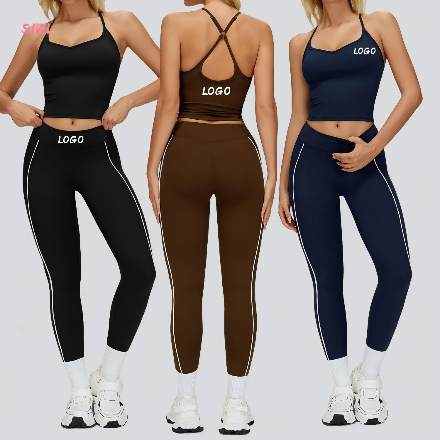 Women's Solid Breathable Workout Sets Two-Piece Cross Back Tank Top Matching Front Mid Waist Leggings Elastic Waist Gym Outfits