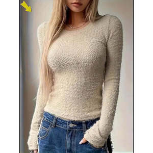 Suéter de Punto para Mujer, Color Albaricoque, Cuello Redondo, Manga Larga, Ajustado, para Invierno - Product Image 2