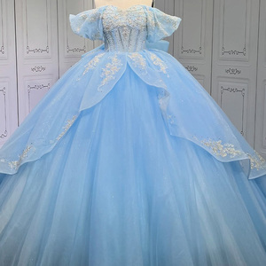 Robe de Quinceañera bleu ciel avec appliques en dentelle, col cœur, robe de bal pour filles, Lsmu61-1 - Product Image 5