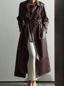 Cappotto <span class=keywords><strong>Trench</strong></span> in Pelle da <span class=keywords><strong>Donna</strong></span> <span class=keywords><strong>Oversize</strong></span> con Colletto Rovesciato Manica Lunga Antivento Antirughe Vintage - Product Image 2