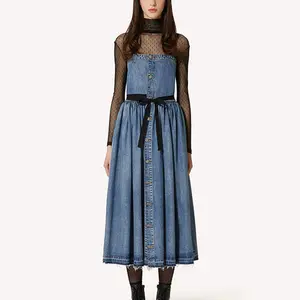 Kadınlar için toptan özel rahat moda Sashes Midi Jean Denim elbise