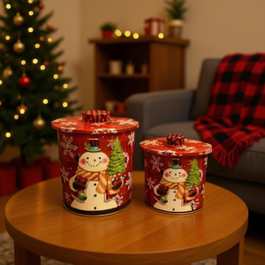 Homeera Christmas Storage Canister Set Iron Round Decorative Ornament For Holiday Gift Storage With Snowman Design - Product Image 2