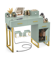 Coiffeuse moderne double face cyan avec 4 tiroirs de rangement, station de recharge et boîte de rangement séparée