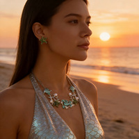 Parure de bijoux romantique sirène bleue avec collier hippocampe et étoile de mer, boucles d'oreilles pour femme, idéal pour la plage