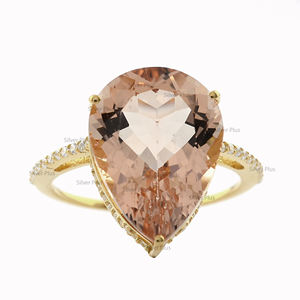 AAA 8,20 quilates pera morganita de diamante de piedras preciosas anillo de compromiso sólido 14K joyería de oro amarillo fábrica de fabricación de Jaipur - Product Image 3