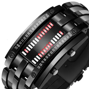 Jam tangan Digital LED pria, arloji Fashion olahraga hitam logam penuh merah biru tampilan LED hadiah untuk pria laki-laki