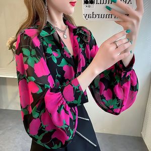 빈티지 플로럴 프린트 시폰 블라우스 여성용 랜턴 롱 슬리브 버튼다운 캐주얼 셔츠 - Product Image 2