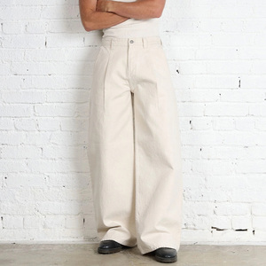 Pantalon plissé en coton <span class=keywords><strong>blanc</strong></span> pour homme, coupe ample, jambe large, légèrement évasée, avec poches plaquées cousues, prélavé et pré-rétréci, style <span class=keywords><strong>jean</strong></span> pour garçon - Product Image 4