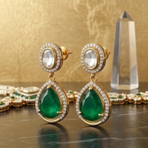 925 <b>Silver</b> Pendant Set for Women Traditional Indian Jewelry Green White Beads Kundan Work Necklace Earring Set - Product Image 3