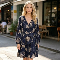 Nouvelle Arrivée 2026 – Robe Mini Décontractée pour Femme, Bleu Marine, Imprimé Floral, Manches Longues, Col en V, Ceinturée, Volants, Idéale pour les Fêtes – Vente en Gros OEM