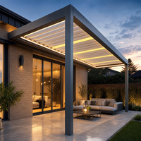 Moderne Smarte Aluminium-Pulverbeschichtete Lamellen-Pergola mit Regensensor RGB LED-Beleuchtung Motorisiertes Bioklimatisches Wasserdichtes Dach Natur