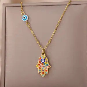 Wannee OEM 18k Gold Plated Iced Out CZ Stainless Steel Blue Eye Beads Fatima Hamsa Hand Pendant Necklace