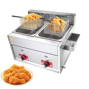 Hot Koop Dubbele Tank Gas Friteuse Machine Frieten Kip Friteuse Rvs Catering Apparatuur