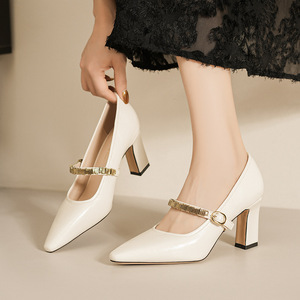 Zapatos de Mujer Mary Jane con Punta en Pico, Tacón Cuadrado, Correa en T con Hebilla, Tendencia de Moda Otoñal, Color Sólido, Forro de Cuero - Product Image 2