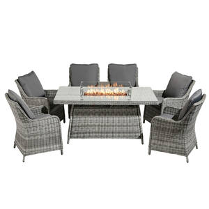 Ensemble de mobilier de jardin en rotin avec table à foyer et 6 chaises d'extérieur, table à manger de jardin en osier et table à foyer pour barbecue - Product Image 4