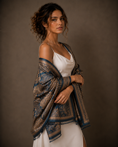 Écharpe d'hiver élégante et durable, brodée, à imprimé numérique, à longues franges, style européen et américain, douce, chaude, respirante et confortable, bleu marine - Product Image 2
