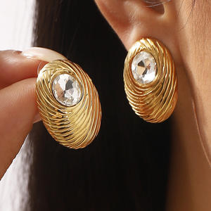 New Jewelry Style Retro Explosive Earrings Stainless Steel Plated 14K <strong>Gold</strong> Oval <strong>Bird</strong> <strong>Nest</strong> Fingerprint Oval Design Stud Earrings - Product Image 1
