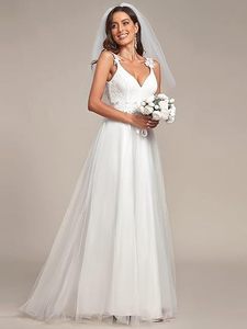 Elegant Light Lace Simple <b>White</b> A-Line Deep V Neck Spaghetti Straps Lace Appliques Wedding Dress Sweep Train <b>Tulle</b> Bridal Gown - Product Image 3