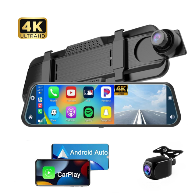 10" Car Dash Cam Dvr Rear View Mirror Front and Rear 4k 2160p With Carplay Android Auto Connect 2 Cameras Dash Cam