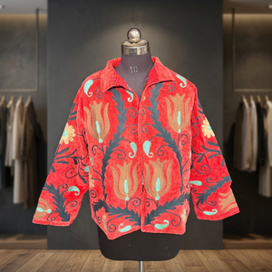 Vintage Red Suzani Embroidered <b>Velvet</b> Jacket Floral Boho <b>Coat</b> Kashmiri Handmade Open Front Cardigan <b>Women</b> Winter Jacket - Product Image 6
