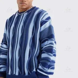 Alta calidad azul raya cuello redondo Jacquard prendas de punto manga larga suéter de invierno para hombre suéter de rayas verticales