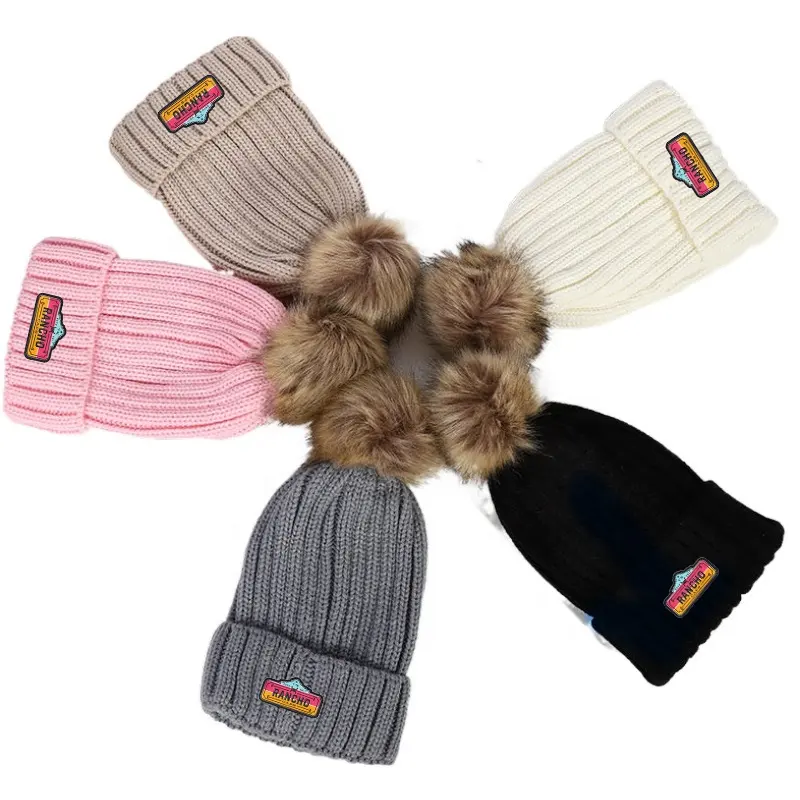 Groothandel Custom Merk Logo Unisex Wol Pom Caps Warm Knit Winter Beanie Hoeden Met Fuzzy Ball