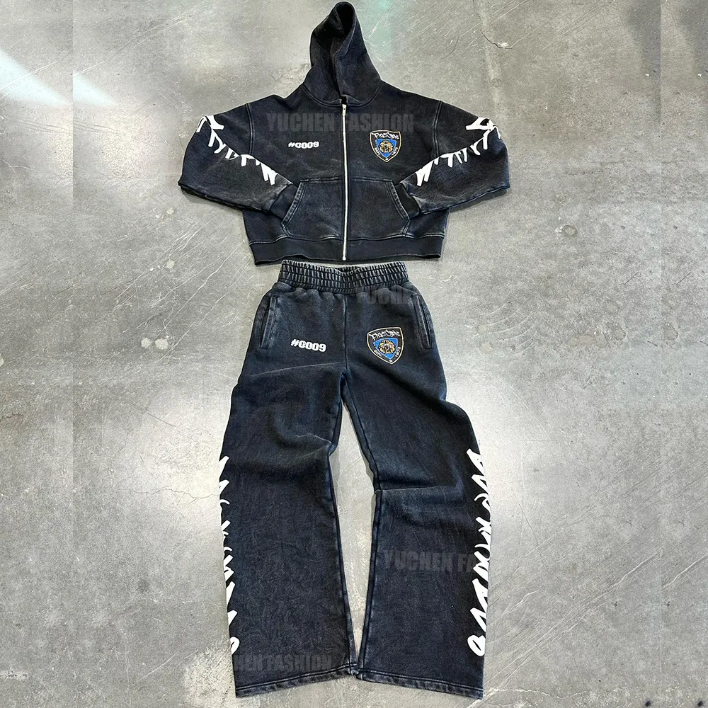 Custom Streetwear Vintage Flared Sweatpants n Hoodies Terry Dtg Print Heavyweight Sweatsuits Stone Wash Tracksuit For Men