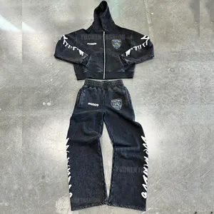 Custom Streetwear Vintage Flared Sweatpants N Hoodies Terry Dtg Print Heavyweight Sweatsuits Stone Wash Tracksuit For Men