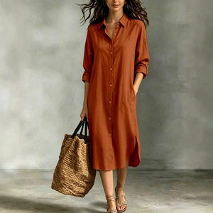 Abito Casual da Donna per Vacanze, Tinta Unita con Colletto a Risvolto, Chiusura Monopetto e Tasche, per Uso Quotidiano e Pendolarismo, Moda Femminile - Product Image 4