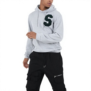 <b>Men's</b> Gray Cotton Fleece Hooded Sweatshirt With Green Letter S Print Regular Fit Casual Wear Autumn Style - Product Image 4