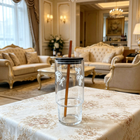 Hotselling 3D strik patch glazen tumbler met zwarte deksel en amberkleurige rietje voor ijskoffie, sap, cadeau, decoratie, drinkglas