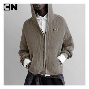 BSCI Certification Sweater Factory Custom logo Men 100% Cotton Ribbed Solid Color <b>Knit</b> <b>Hooded</b> Zip up Jacket Winter Sweater - Product Image 2