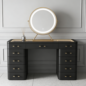 Table de toilette moderne de luxe, <span class=keywords><strong>commode</strong></span> noire brillante avec quincaillerie dorée et rangement éclairé par LED - Product Image 6