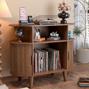 Soporte para Tocadiscos <span class=keywords><strong>de</strong></span> Madera Maciza Grande con Estación <span class=keywords><strong>de</strong></span> Carga, Puertos USB y Gabinete <span class=keywords><strong>de</strong></span> Almacenamiento <span class=keywords><strong>de</strong></span> Discos, Estilo Moderno <span class=keywords><strong>de</strong></span> Mediados <span class=keywords><strong>de</strong></span> Siglo - Product Image 4
