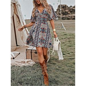 Women's Vintage Western <b>Boho</b> Floral Print V-Neck A-Line Natural Waist Leisure Breathable <b>Summer</b> Casual Mini <b>Dress</b> - Product Image 5