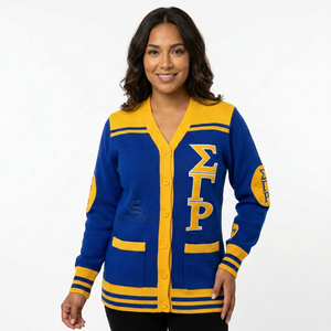 Cárdigan de punto de alta calidad para mujer, azul y amarillo, con letras griegas, cuello en V, manga larga, doble botonadura, estilo vintage Sigma para invierno. - Product Image 1
