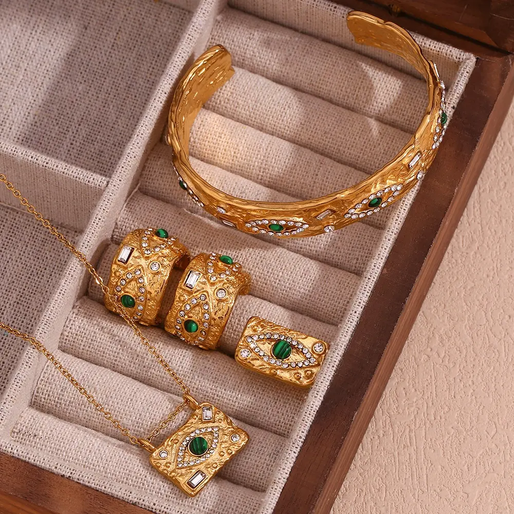 Colar de brincos de pedra natural malaquita vintage, anéis de aço inoxidável, conjunto de joias com zircônias CZ e mau olhos
