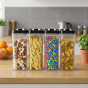 Airtight Plastic <b>Kitchen</b> Square Pantry <b>Storage</b> <b>Jar</b> Sealed Food Container Set Date Tracker Lid Flip Handle Non-Toxic Stackable - Product Image 2
