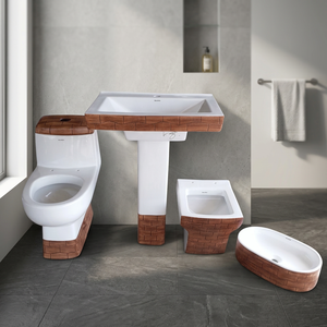 Designer Ceramic Sanitary Ware Bathroom Set WC Basin Pedestal <b>Table</b> Top Wash Basin and <b>Wall</b> Hung Wooden White Double Color - Product Image 1
