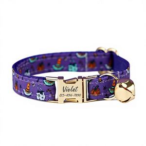 Collier pour chat et chien Halloween Citrouille Fantôme, violet, réglable, motif festif effrayant avec boucle clochette pour mâle/femelle - Product Image 1