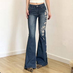 Rose Embroidered Washed Flared <b>Jeans</b> <b>Low</b> Rise Button Detail Denim Pants Y2K <b>Street</b> Casual Fashion - Product Image 6