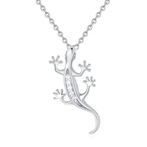 Trendy Gecko Animal Women Necklace 925 Sterling Silver White Gold Plated Lizard Pendant Necklace